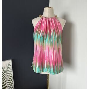 MILLY NEW YORK SILK ABSTRACT TOP BLOUSE HALTER GOLD CHOKER CHAIN